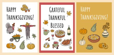 Karalama kabaklı şükran günü pankartları, yiyecek ve geleneksel bayram kutlamaları. Üç vektör el dikey bileşimler çizdi
