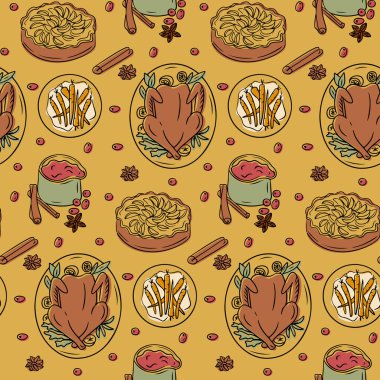 Kızarmış hindi, kızılcık sosu, jöleli havuç ve elmalı turta ile mükemmel bir Şükran Günü yemeği. Ailecek geçirdiğimiz zamanın ruhunu yansıtıyor. Vektör el çizimi çizimleri