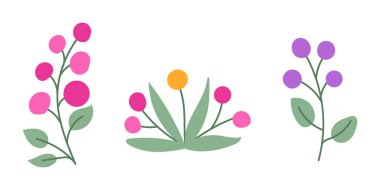 Beyaz arka planda yeşil yapraklı pembe, mor ve sarı çiçekli basit ve renkli çiçek çizimi. Meksika sanat eserlerinde basit bir vektör çizimi