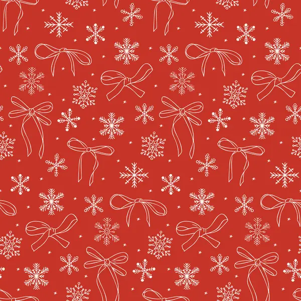 Noel yayları ve kar taneleri kırmızı arka planda hatları çizilmemiş desenli, kış tatili tasarımları ve kumaşları için ideal. Paket kağıdı için vektör el çizimi