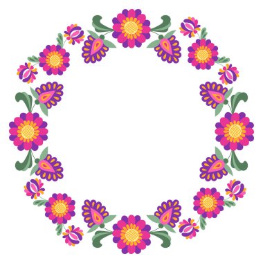 Meksika halk sanatı tarzında renkli çiçek deseni çizimi. Canlı çiçekler ve yapraklar dairesel desen ya da çiçek çelengi şeklinde dizilmiş. Beyaz arkaplanda izole edilmiş vektör fantezi bileşimi