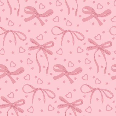 Pembe yaylar, açık pembe arka planda kalpleri ve yıldızları olan pürüzsüz bir desen. Şenlikli ya da kadınsı temalar için uygun şirin ve eğlenceli bir tasarım. Aziz Sevgililer Günü illüstrasyonu