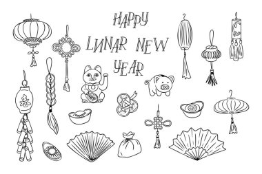 Büyük Çin Yeni Yıl karalama seti ve el yazması harfler. Tek renkli vektör öğeleri beyaz arkaplanda izole edilmiş Mutlu Ay Yeni Yılı metniyle belirler. Asya tatili için eskiz çizimi.