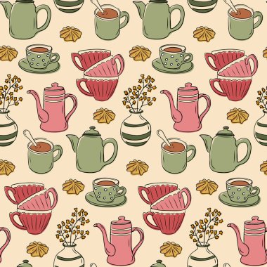 Çaydanlıkları, fincanları, kurabiyeleri ve çiçek vazolarını ılık pastel renklerde olan sade çay saati öğeleri. Mutfak tekstili ve duvar kağıdı tasarımları için mükemmel. Vektör el çizimi resimleme