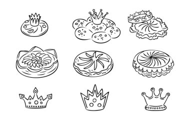 Epiphany contour doodle drawings set with festive pies, crowns, and baked goods. Perfect for celebrations, coloring books, and festive design projects. Vector hand drawn composition clipart