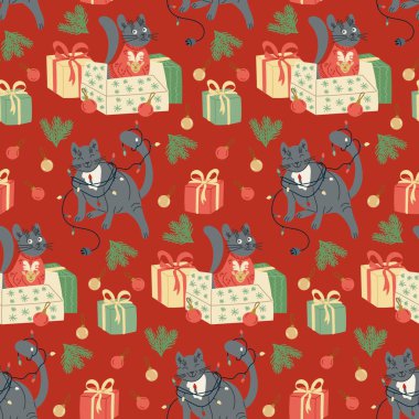 Tatil ışıklarına dolanmış şakacı kediler ve kırmızı arka planda hediyelerle oturan kusursuz bir Noel deseni. Vektör el çizimi illüstrasyon. Bayramlık ambalaj kağıtları ve mevsimlik tasarımlar için mükemmel.