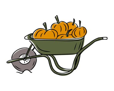 Rustic hand drawn illustration of green wheelbarrow filled with bright orange pumpkins. Perfect for autumn, harvest, and Thanksgiving projects clipart