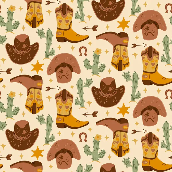 Kovboy çizmeleri, şapkaları, kaktüsleri, bej arka planda şeriflik rozetleri olan kusursuz Vahşi Batı modeli. Vektör el çizimi illüstrasyon. Tekstil, ambalaj kağıdı ve kırsal tasarımlar için mükemmel.