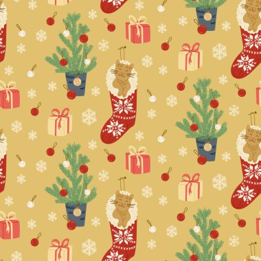 Kusursuz Noel desenli şenlikli çoraplar, kediler, süslü hediye kutuları ve sarı arka planda Noel ağacı. Vektör el çizimi illüstrasyon. Kağıt ve tekstil için mükemmel.