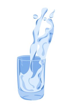 Suyun dinamik hareketlerle cama sıçraması, akışkanlık ve berraklık göstergesi, susuzluk, tazelik ve minimalist tasarım için ideal. Beyaz arkaplanda vektör çizimi izole edildi