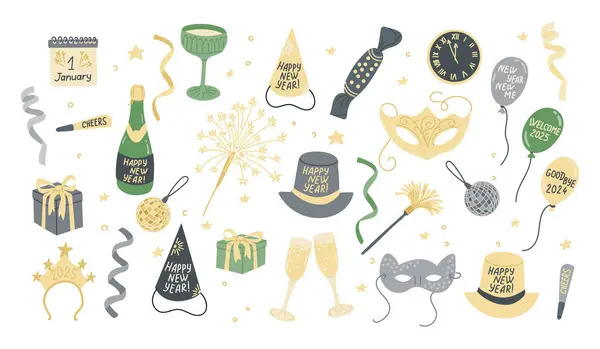 Şapkalar, maskeler, şampanya, balonlar, hediyeler, havai fişekler ve beyaz arka planda izole edilmiş saatler gibi kutlama unsurlarıyla renkli yeni yıl illüstrasyonları. Vektör el çizilmiş etiket seti
