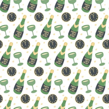 Şampanya şişeleri, bardaklar, saatler ve yıldızlarla kusursuz bir yeni yıl kutlaması. Mutlu yıllar ve parti tasarımları için mükemmel unsurlar. Vektör el çizimi tasarımı