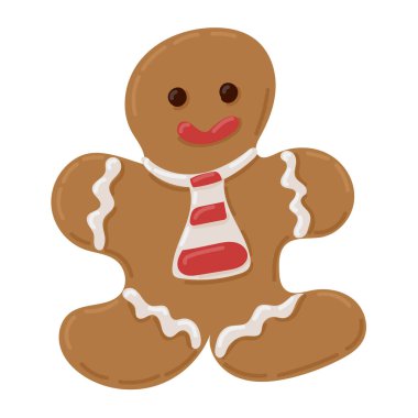 Kırmızı ve beyaz çizgili kravatlı, tatlı zencefilli adam Noel ruhunu temsil eden, süsleme detaylarıyla süslenmiş. Beyaz arkaplanda vektör çizimi