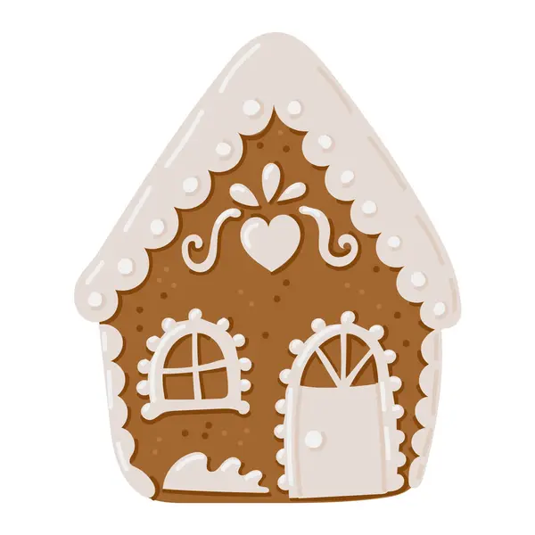 Beyaz krema ve kalp detaylarıyla süslenmiş zencefilli ev çizimi. Beyaz arkaplanda izole edilmiş vektör el çizimi