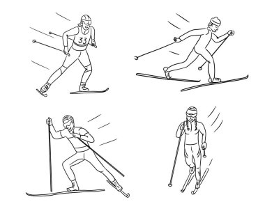 Değişik kayak tekniklerini minimalist unsurlarla tasvir eden dinamik pozlardaki kros kayakçılarının çizgi çizimleri. Beyaz arkaplana vektör kış sporu ana hatları çizimi