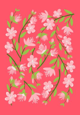 Yeşil yapraklı pembe çiçeklerin parlak çizimleri canlı kırmızı arka planda düzenlenmiş, neşeli ve eski bahar havasını uyandırıyor. 60 'lar tarzında vintage vektör posteri