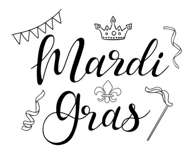 Taç, fleur de lis, kiraz kuşu ve flamalar gibi dekoratif unsurlarla süslü siyah-beyaz Mardi Gras el yazısı. Beyaz arkaplanda izole edilmiş vektör el çizimi