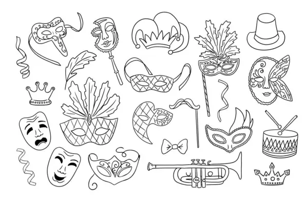 Festivalsel Mardi Gras ve Venedik karnaval çizimleri koleksiyonu maske, taç, müzik aletleri, tüy ve dekoratif elementlerle sanat tarzında.