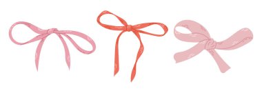 Basit ve zarif dizaynlı pembe tonlarda üç dekoratif fiyonk. Beyaz arkaplanda izole edilmiş vektör el çizimleri. Dekorasyon için iyi.