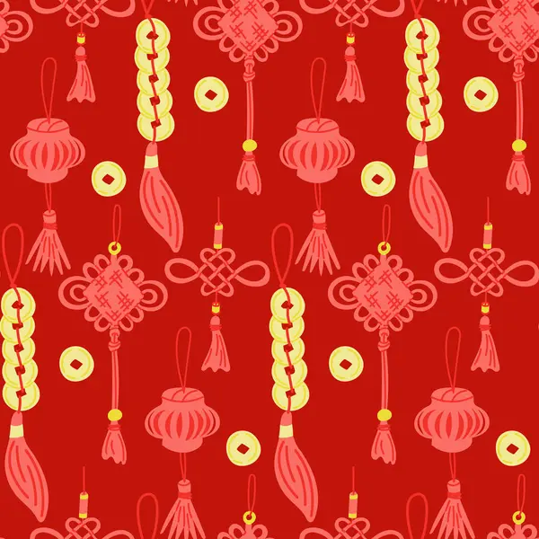 Geleneksel Çin süslemeleri ve fenerler kırmızı ve sarı ile gösterilir. Kültürel motifleri olan kusursuz bir şenlik modeli. Çin Yeni Yıl İllüstrasyonu
