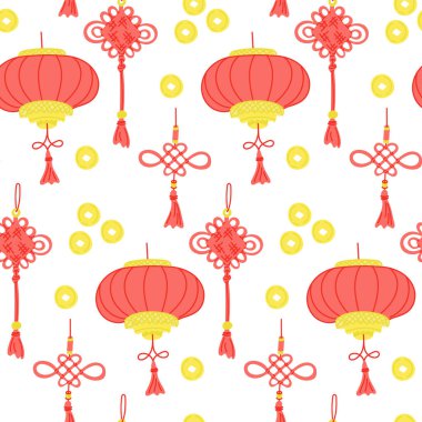 Beyaz arka planda izole edilmiş geleneksel Çin fenerleri, düğümleri ve altın sikkeleri ile kusursuz desen şans ve refahı simgeliyor. Paket ve tekstil için vektör el çizimi