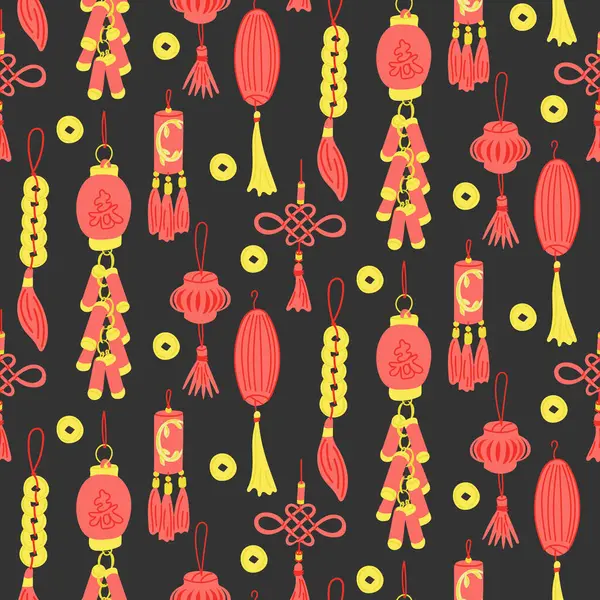 Geleneksel Çin fenerleri, düğümleri ve koyu arka planda kırmızı ve altın sikkelerle kusursuz desen refah ve kutlamayı sembolize ediyor. Paket ve tekstil için vektör el çizimi