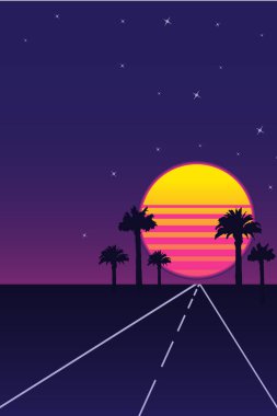 Retro futuristic vaporwave landscape with glowing sunset, palm trees, and road leading into the horizon under a starry sky. Nostalgia vertical abstract vector poster with copy space clipart