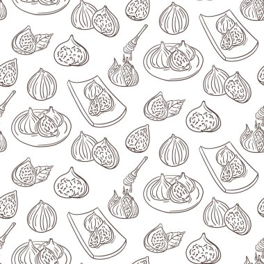 Kusursuz kontrast el çizimi incir deseni ve beyaz arka planda izole edilmiş bal çiçeği çizimleri. Vegan kavramlar için vektör karalama çizimi