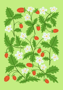 Vibrant botanical pattern with strawberry plants, green leaves, and white flowers on light green background. Vintage summer hand drawn vector interior poster in 60s style clipart