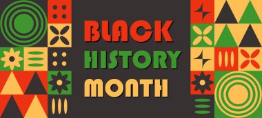 Bold and vibrant Black History Month banner with abstract geometric patterns, bright colors, and cultural design elements. Vector holiday background with contrast typography clipart