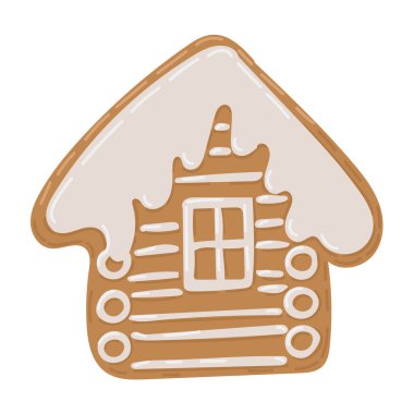 Beyaz kremalı ve karlı çatısı olan, kaprisli ve şen şakrak tasarlanmış Noel kurabiyeli ev kurabiyesi çizimi. Beyaz arkaplana vektör el çizimi