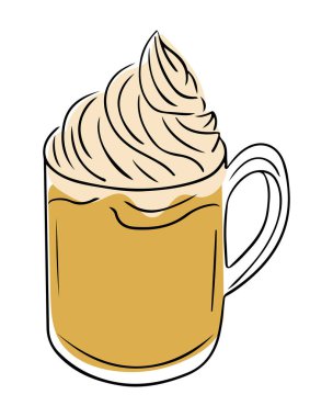 Balkabağı aromalı latte resmedilmiş, krem şanti ile kaplanmış, rahat ve modern tarzda çizilmiş. Beyaz arkaplana vektör el çizimi