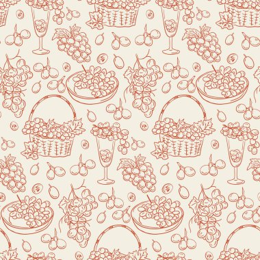 Karalama üzümleri, sepetler, şarap kadehleri ve taslak tasarımı hafif arka planda sıcak tonlarda olan el çizimi desenleri. Vegan konsepti için vektör illüstrasyonu