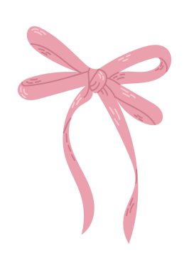 Beyaz arka planda minimalist bir illüstrasyon tarzında basit pembe kurdele yayı. Vektör izole çizimi