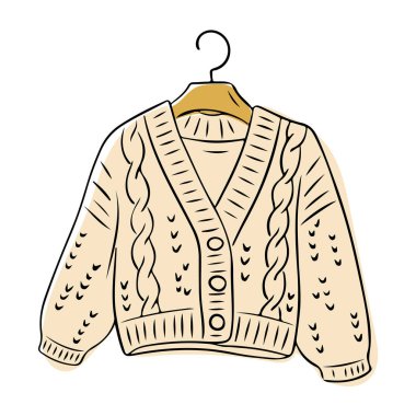 Illustration of a cozy knitted cardigan with cable patterns and buttons, hanging on a wooden hanger, ideal for fashion or winter designs. Vector doodle illustration isolated on white background clipart