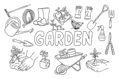 Bahçe aletleri, bitkiler, kelime bahçesi gibi eldivenler, malalar, sulama tenekesi, fidanlar ve bir el arabası gibi elementler, boyama kitapları veya eğitim tasarımları için idealdir..