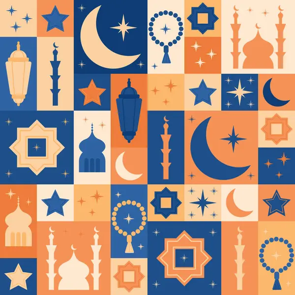 Mavi ve turuncu arkaplan üzerinde hilal ay, yıldız, camiler, fenerler, minareler ve dua boncukları bulunan Ramazan modüler deseni