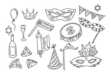 Maskeler, içiciler, hamantaschen, taç, parşömen, şarap, tef ve bayramı sembolize eden bayram süslemeleri içeren Purim temalı siyah beyaz karalama seti. Vektör çizimleri