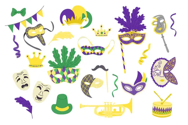 Renkli vektör Mardi Gras çizimleri, maskeler, taçlar ve müzikal öğeler, festival ve kutlama temaları vurgulanıyor, karnaval tasarımları için mükemmel. El çizimi etiket koleksiyonu