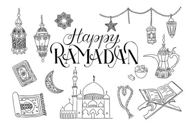 Doodle Hand cami, fenerler, hilal ay, dua boncukları, Kur 'an, çaydanlık ve dekoratif tarzda Mutlu Ramazan metinleri ile Ramazan resimlerini çizdi. Beyaz arkaplanda izole edilmiş vektör çizimleri