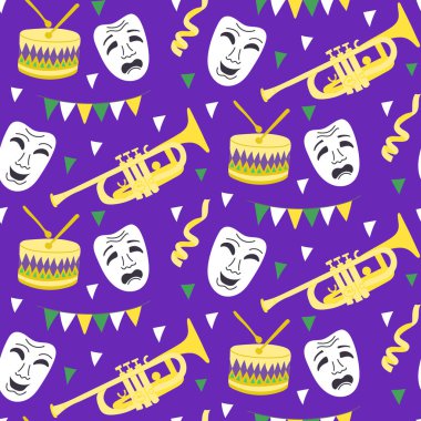Komedi ve trajedi maskeli kusursuz Mardi Gras desenleri, davullar, trompetler, flamalar ve parlak mor arka planda renkli kiraz kuşları.