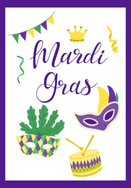 Mardi Gras banner with vibrant masks, a drum, bunting, streamers, and a crown, with bold Mardi Gras text on white background bordered in purple. clipart