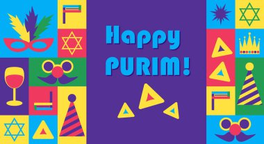 Geometrik şekilli parlak Purim afişi, maskeler, taçlar, şarap kadehleri ve hamantaschen gibi şenlikli simgeler, neşeli bir tasarım içinde cesur Mutlu Purim metinleri. Yahudi bayramı için vektör soyut afişi