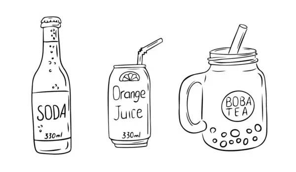 El çizimi, üç canlandırıcı içecek, bir soda şişesi, bir kutu pipetli portakal suyu ve bir kavanoz boba çayı. Beyaz arkaplanda izole edilmiş vektör çizgisi yapısı