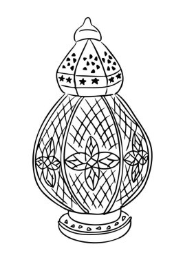 Geleneksel Ortadoğu ve Ramazan temalarını sembolize eden çiçek ve geometrik elementler de dahil olmak üzere karmaşık desenli bir İslami fenerin çizgi çizimi