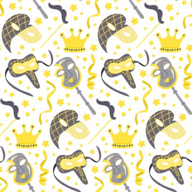 Seamless carnival pattern with yellow and gray decorative masks, crowns, ribbons, and stars on a white background, creating a festive and elegant design for celebrations and events clipart