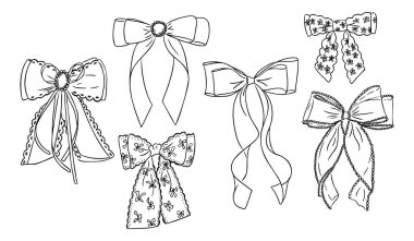 Karmaşık dantelli, çiçek desenli, zarif kurdeleli, klasik ve dekoratif dekoratif elementli romantik el yayı seti. Vektör çizgisi çizimi