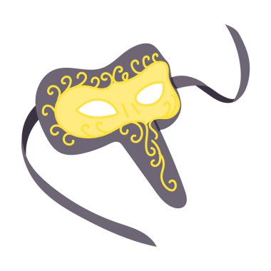 Zarif Venedik tarzı maskeli, sarı ve gri renkli, karmaşık kaydırma desenleri ve minimalist vektör illüstrasyon tarzında tasarlanmış akıcı bir kurdele kravatlı.