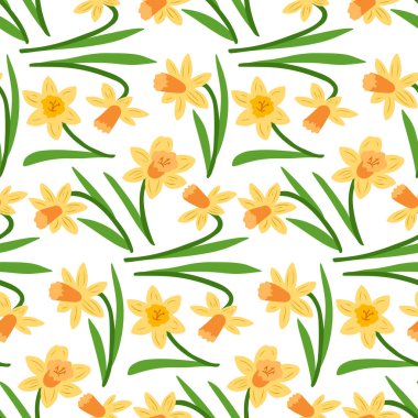 Beyaz arka planda yeşil yapraklı sarı nergis desenli kusursuz çiçek deseni, baharı, yenilenmeyi ve doğal güzelliği sembolize ediyor. Yay el düz bir şekilde çizilmiş.
