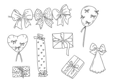 El çizimi çizgi yaylar, hediye kutuları ve siyah beyaz karalama tarzında balonlar, doğum günü veya şenlik tasarımları için mükemmel. Beyaz arkaplan üzerindeki renklendirme sayfaları için vektör çizimleri